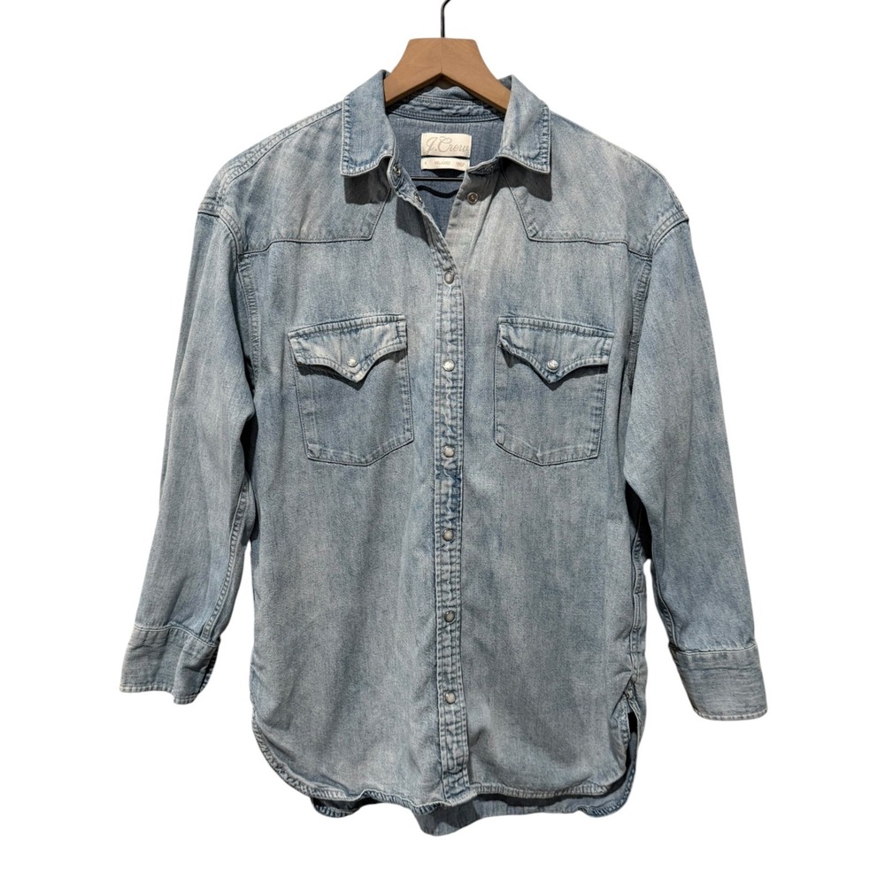 J.Crew Womens Blue Denim Western Pearl Snap Button Down Shirt Sz S Relaxed